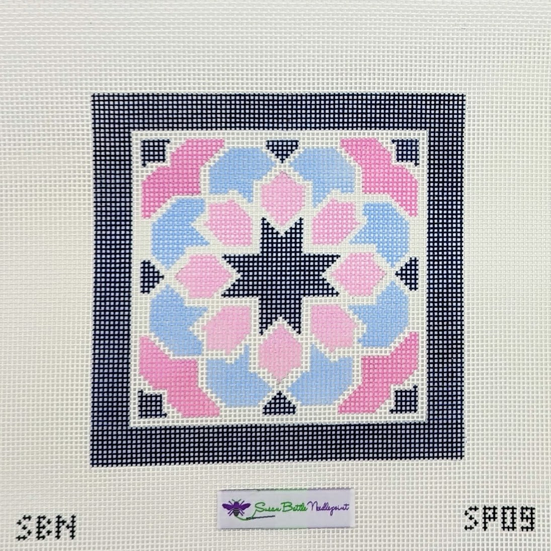Pink &amp; Blue Geometric with Navy Border (on 10 mesh)