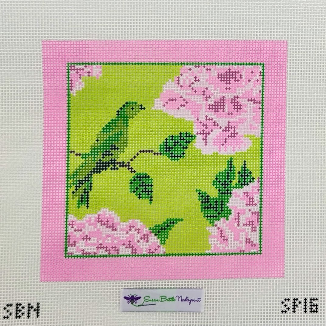 Pink &amp; Green Floral with Bird (on 10 mesh)