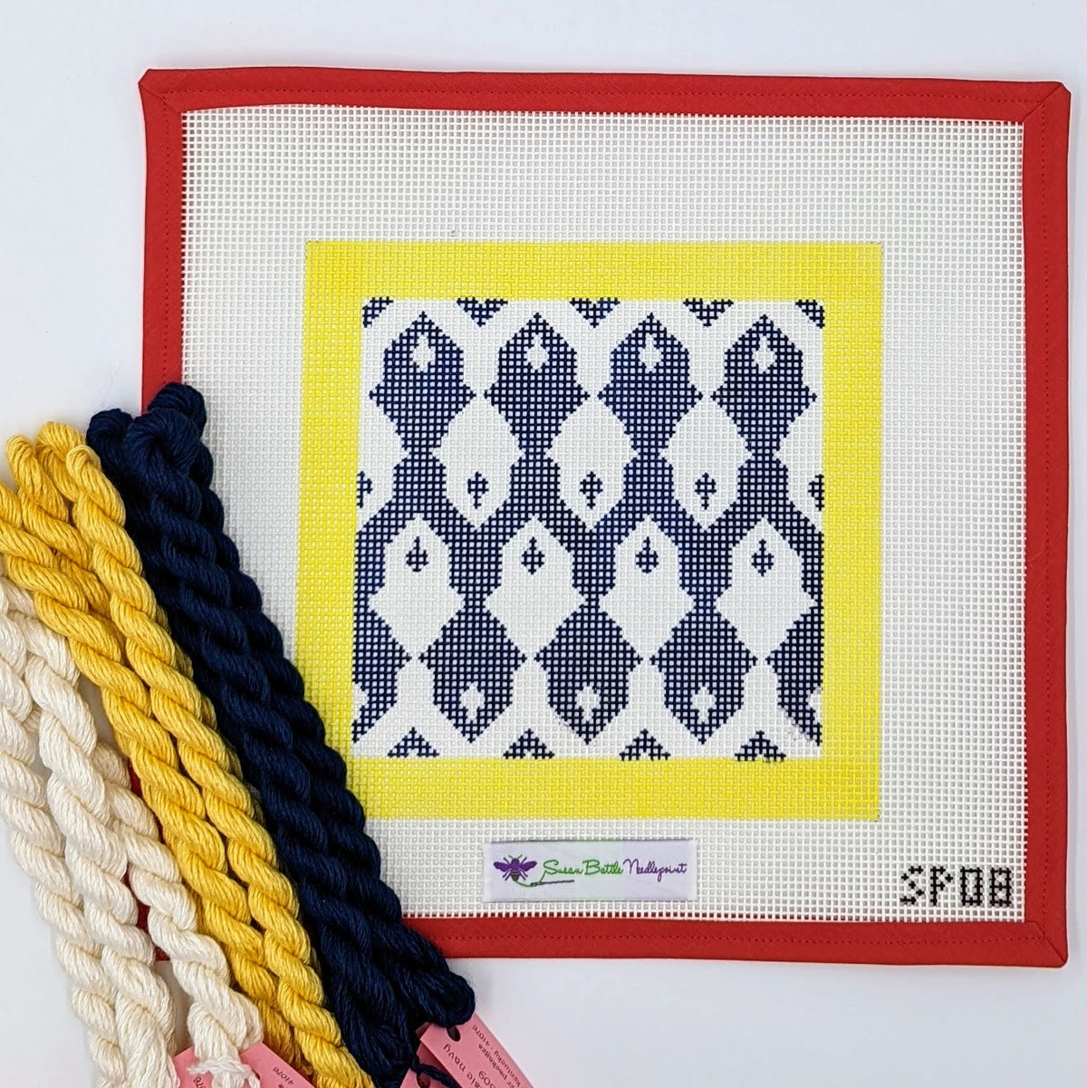 Blue &amp; White Geometric with Yellow Border (on 10 mesh) WITH FIBERS