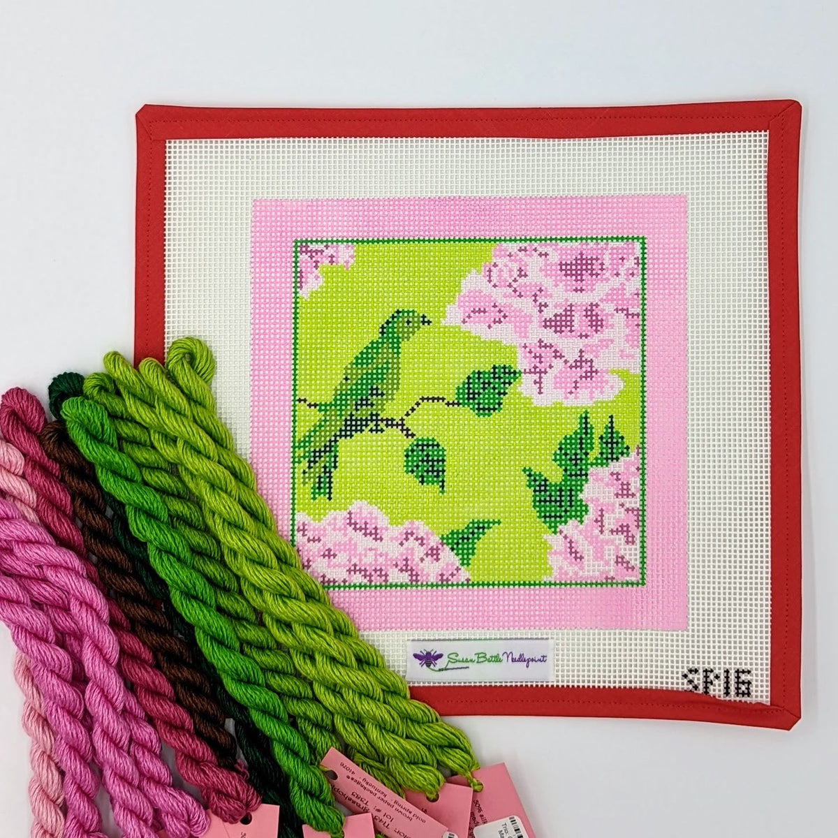 Pink &amp; Green Floral with Bird (on 10 mesh) WITH FIBERS