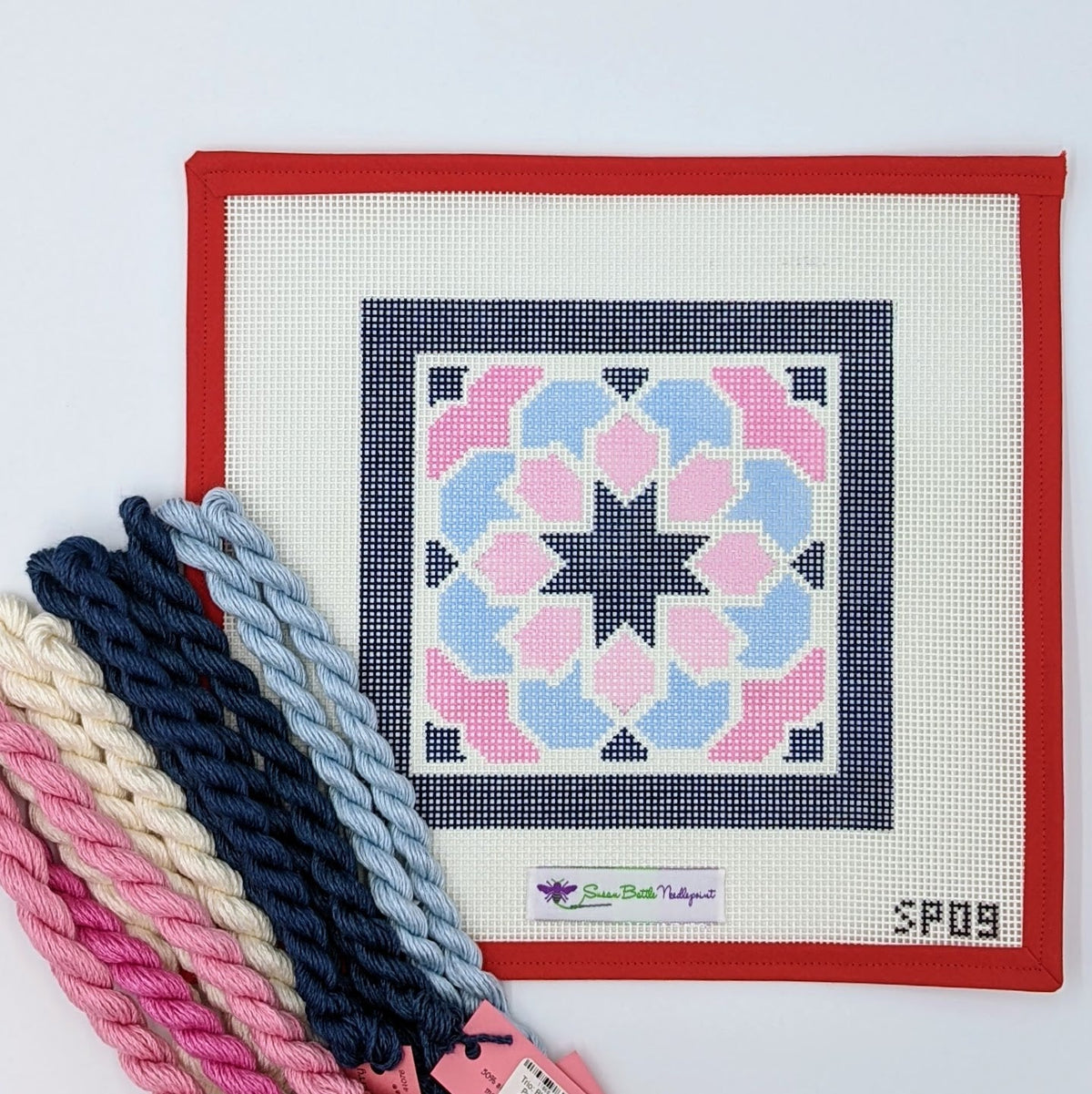Pink &amp; Blue Geometric with Navy Border (on 10 mesh) WITH FIBERS